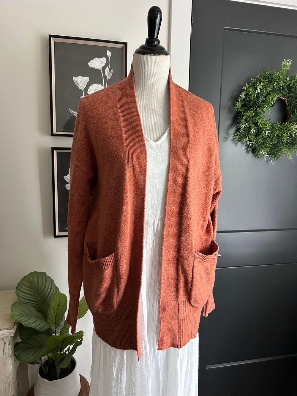 🍁 M loose fit Rust Open-Front chunky grandpas Cardigan Sweater